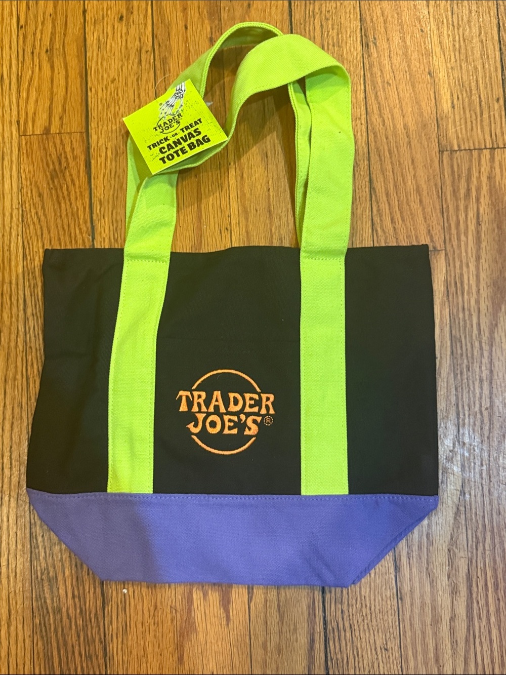 Trader Joe's Black Canvas Tote with Lime Handles and Purple Base